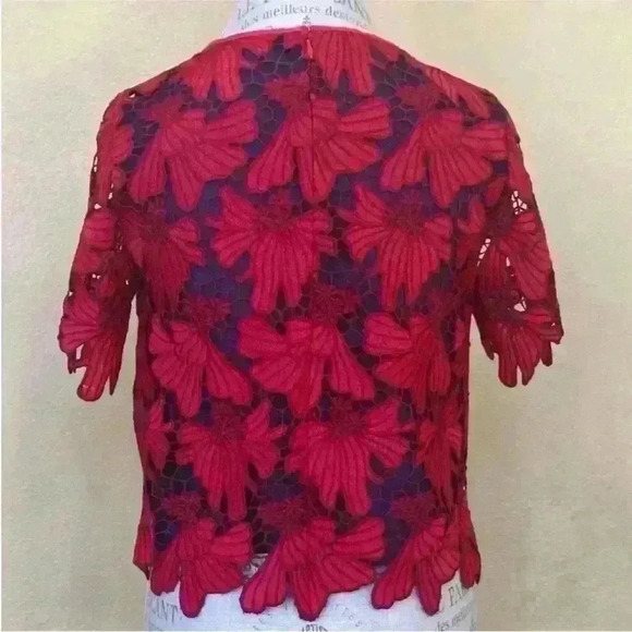 Tory Burch "Nicola" Red Lace With Blue Underlay Top Size 4 EUC!! - Picture 5 of 9